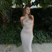 Halter Backless Floral Applique Fashion Gown Midi Dress Grey / S