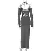 Halter Backless es Elegant Sleeve Club Party Split es Clothes Maxi Dress