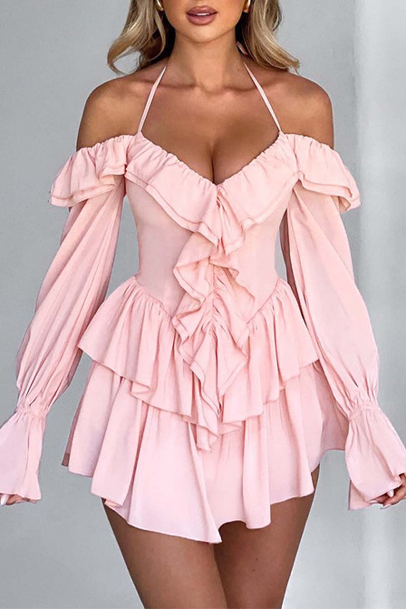 Halter Off The Shoulder Ruffled Mini Dress