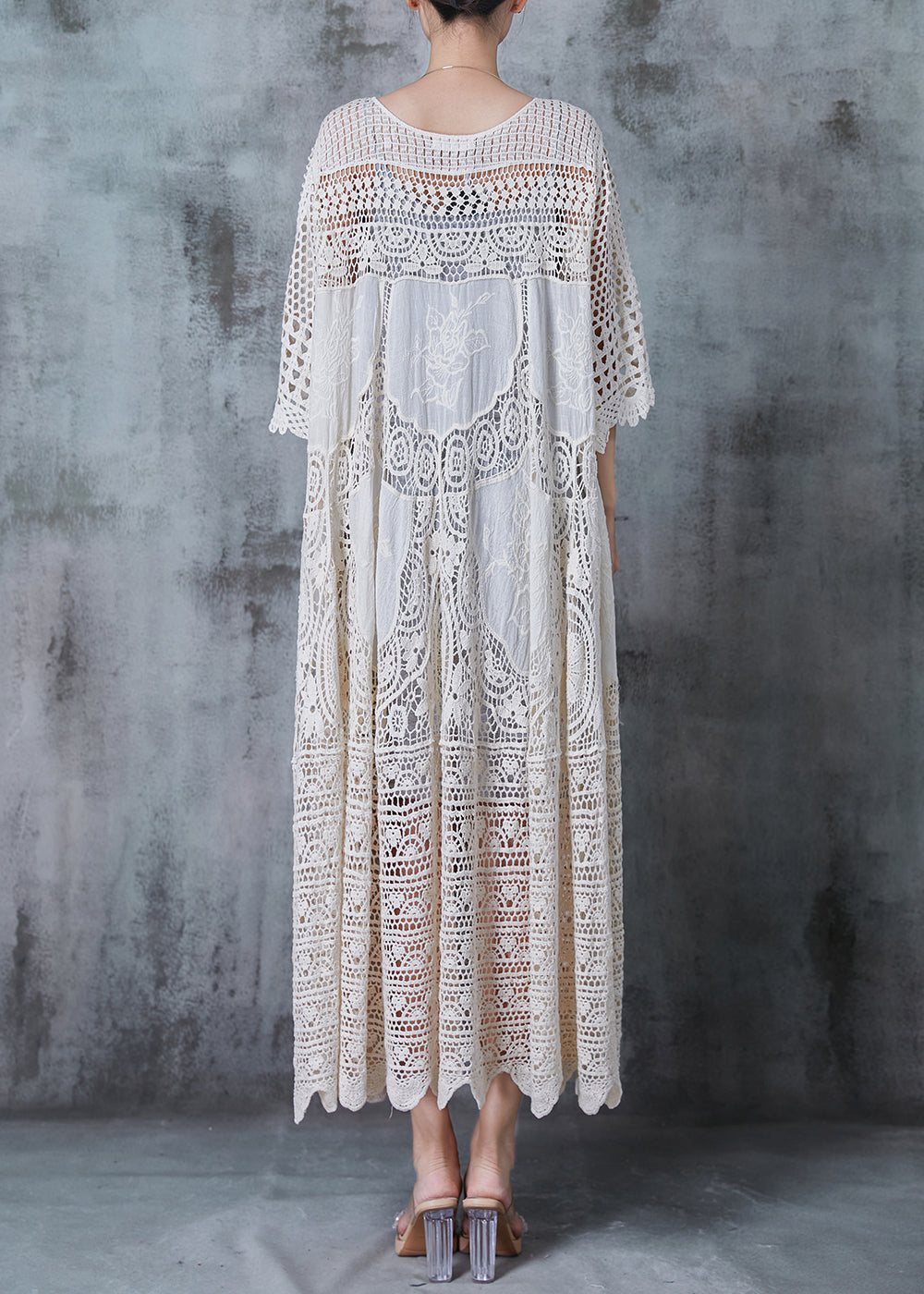 Women Beige Embroidered Hollow Out Knit Dress Summer