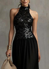 Handmade Black Backless Sequins Patchwork Tulle Long Dress Sleeveless 2