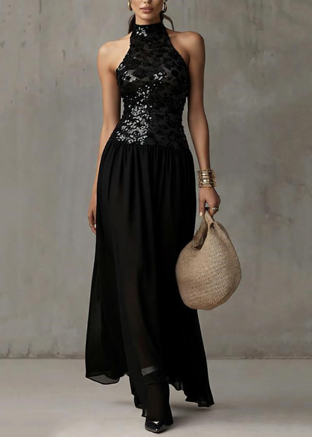 Handmade Black Backless Sequins Patchwork Tulle Long Dress Sleeveless 3