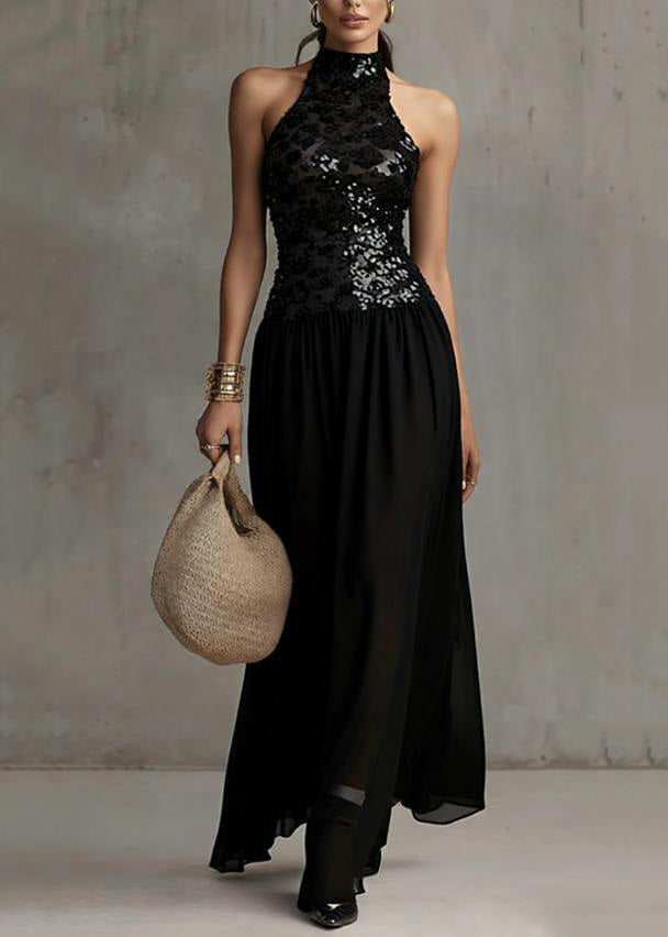 Handmade Black Backless Sequins Patchwork Tulle Long Dress Sleeveless 5