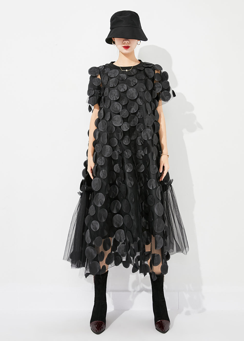 Mesh Circle Disc Appliqué High Neck Cap Sleeve Pleated Panel A-Line Midi Dress