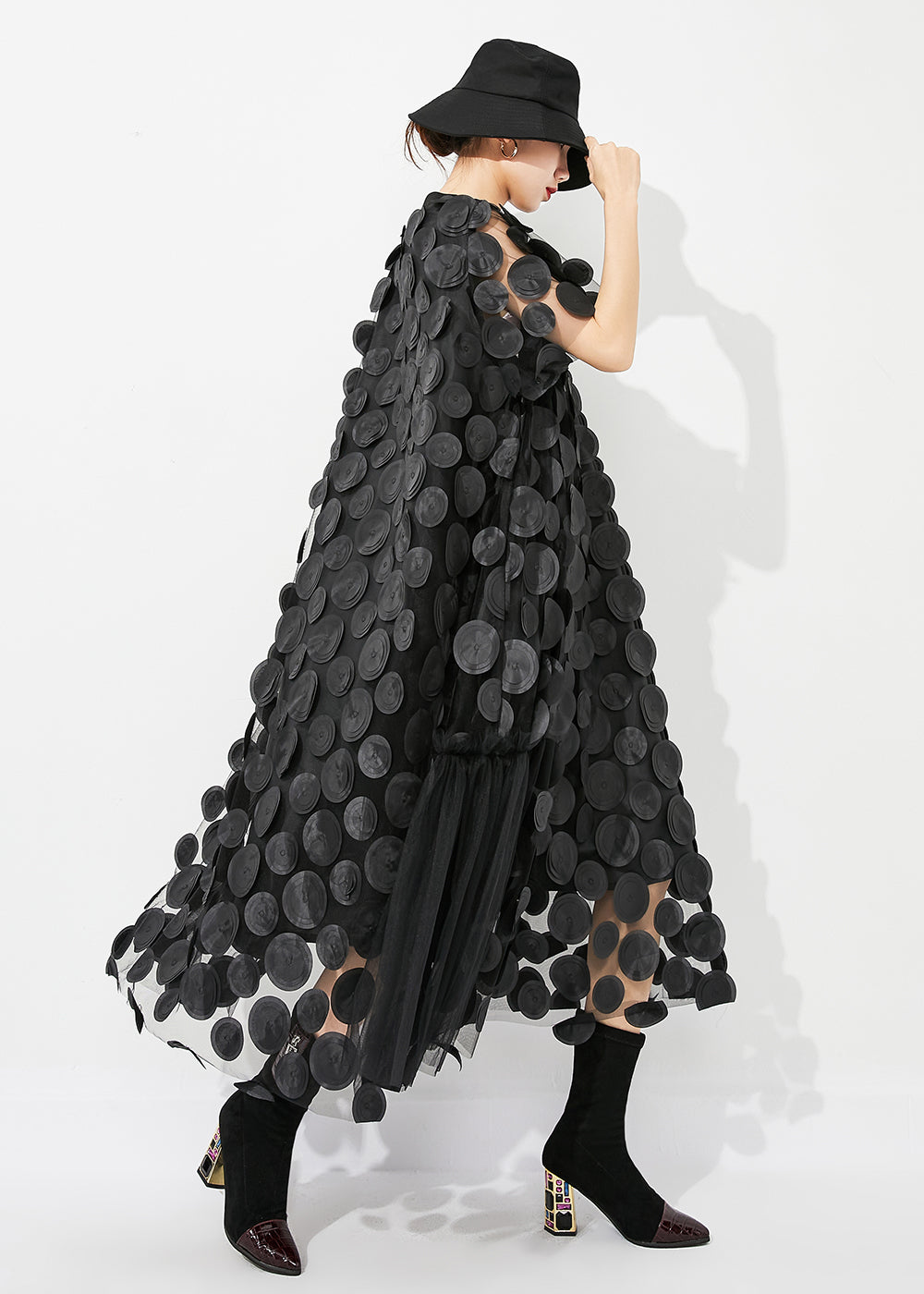 Mesh Circle Disc Appliqué High Neck Cap Sleeve Pleated Panel A-Line Midi Dress