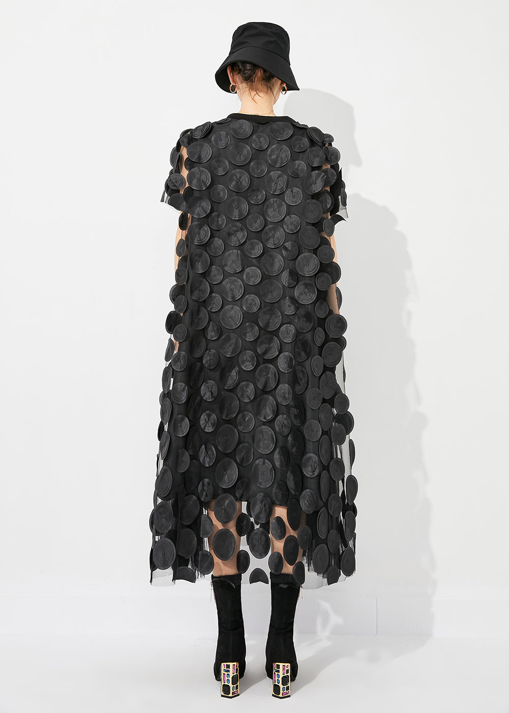 Mesh Circle Disc Appliqué High Neck Cap Sleeve Pleated Panel A-Line Midi Dress