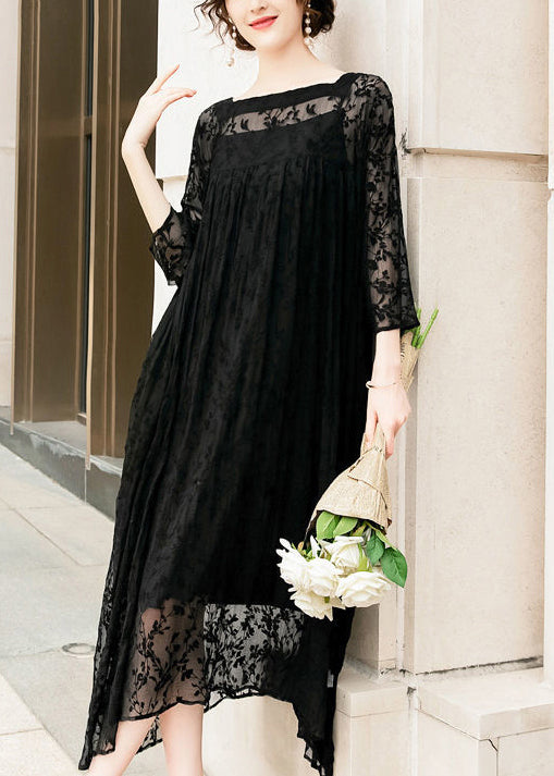 Lace Floral Sheer Yoke Long Sleeve Pleated Layered Midi Dress