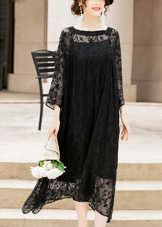 Lace Floral Sheer Yoke Long Sleeve Pleated Layered Midi Dress