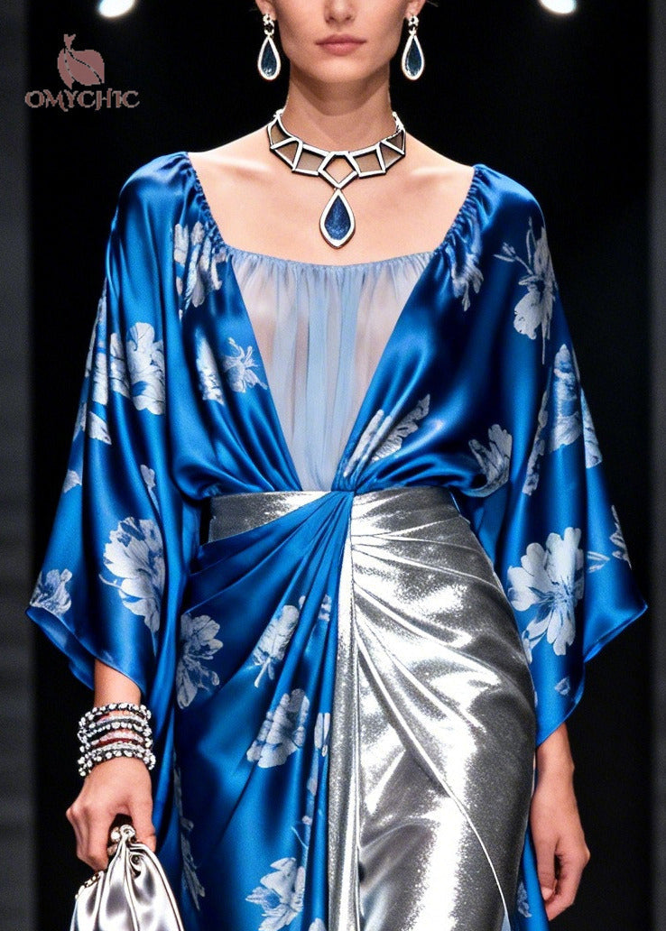 Floral Print Kimono Sleeve Mesh Panel Metallic Pleated High Split Tiered Maxi Gown