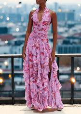 Handmade Blue Ruffled Asymmetrical Print Chiffon Long Dresses Sleeveless 2