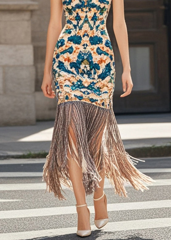 Ornate Damask Print Tassel Fringe Hem Sleeveless Deep V-Neck Midi Party Dress