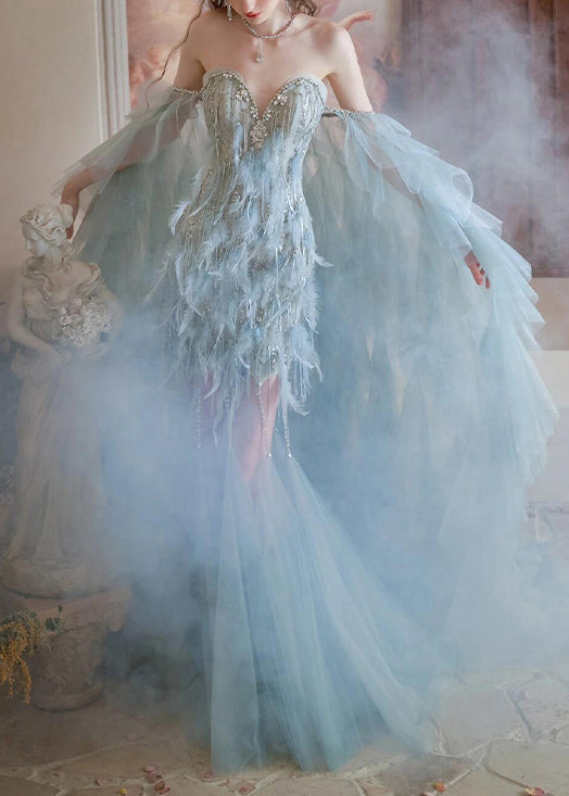 Feather Beaded Strapless Sweetheart Tulle Cape Sleeve Mermaid Gown