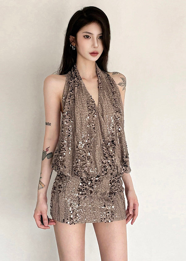 Handmade Brown V Neck Halter Sequins Mid Dress Sleeveless