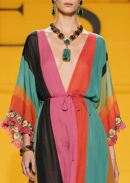 Chiffon Deep V-Neck Kimono Sleeve Tassel Trim Kaftan Maxi Dress - View 2
