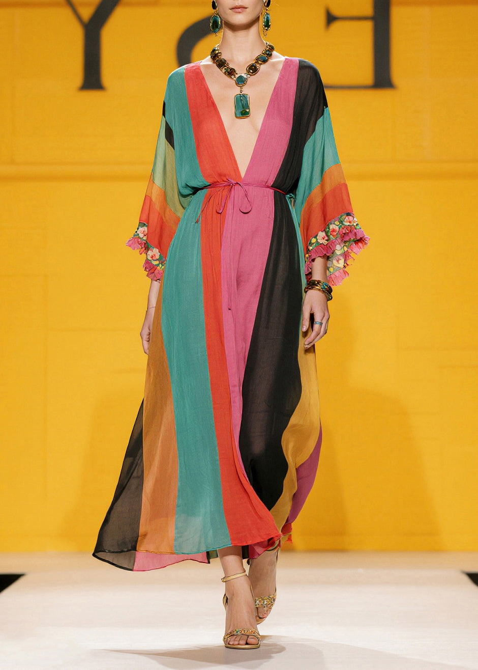 Chiffon Deep V-Neck Kimono Sleeve Tassel Trim Kaftan Maxi Dress - View 3