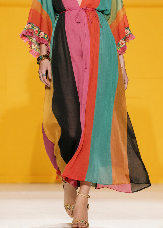 Chiffon Deep V-Neck Kimono Sleeve Tassel Trim Kaftan Maxi Dress - View 4