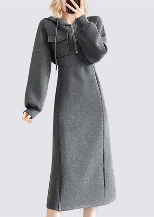 Hooded Quarter Zip Flap Pocket Lantern Sleeve Sweatshirt Midi Dress