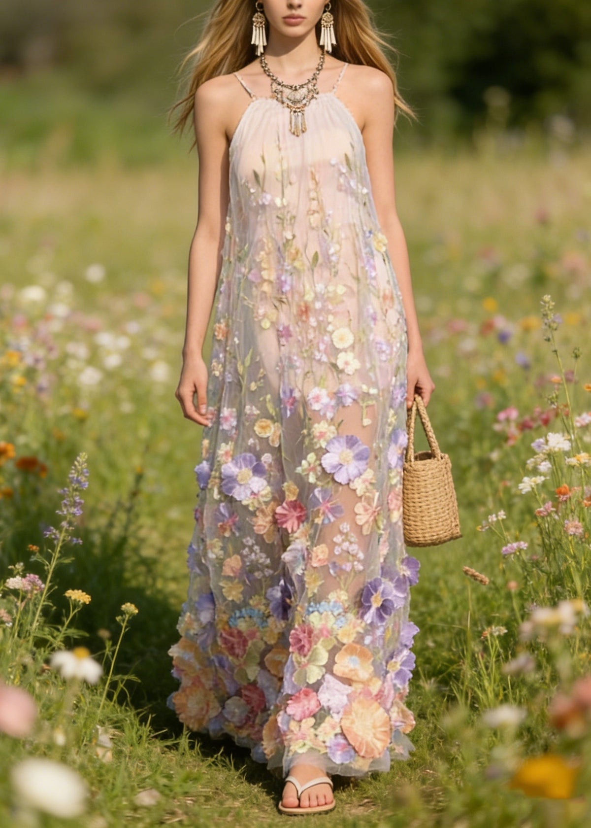 Floral Applique Tulle Halter Neck Sleeveless Maxi Dress 5
