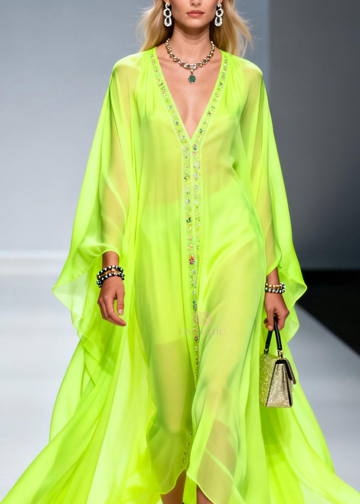 Beaded Trim Deep V-Neck Butterfly Sleeve Sheer Chiffon Kaftan Maxi Gown