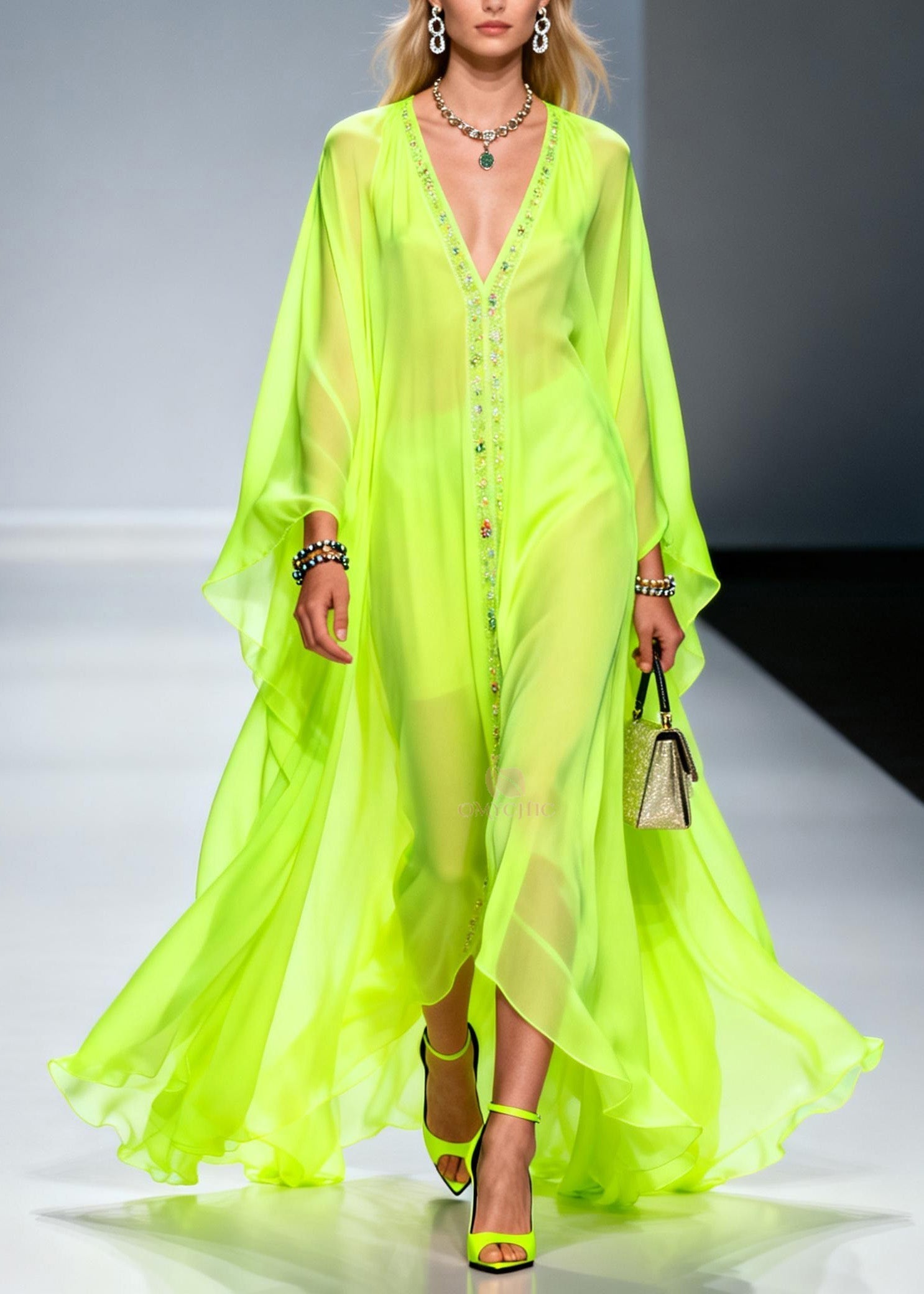 Beaded Trim Deep V-Neck Butterfly Sleeve Sheer Chiffon Kaftan Maxi Gown