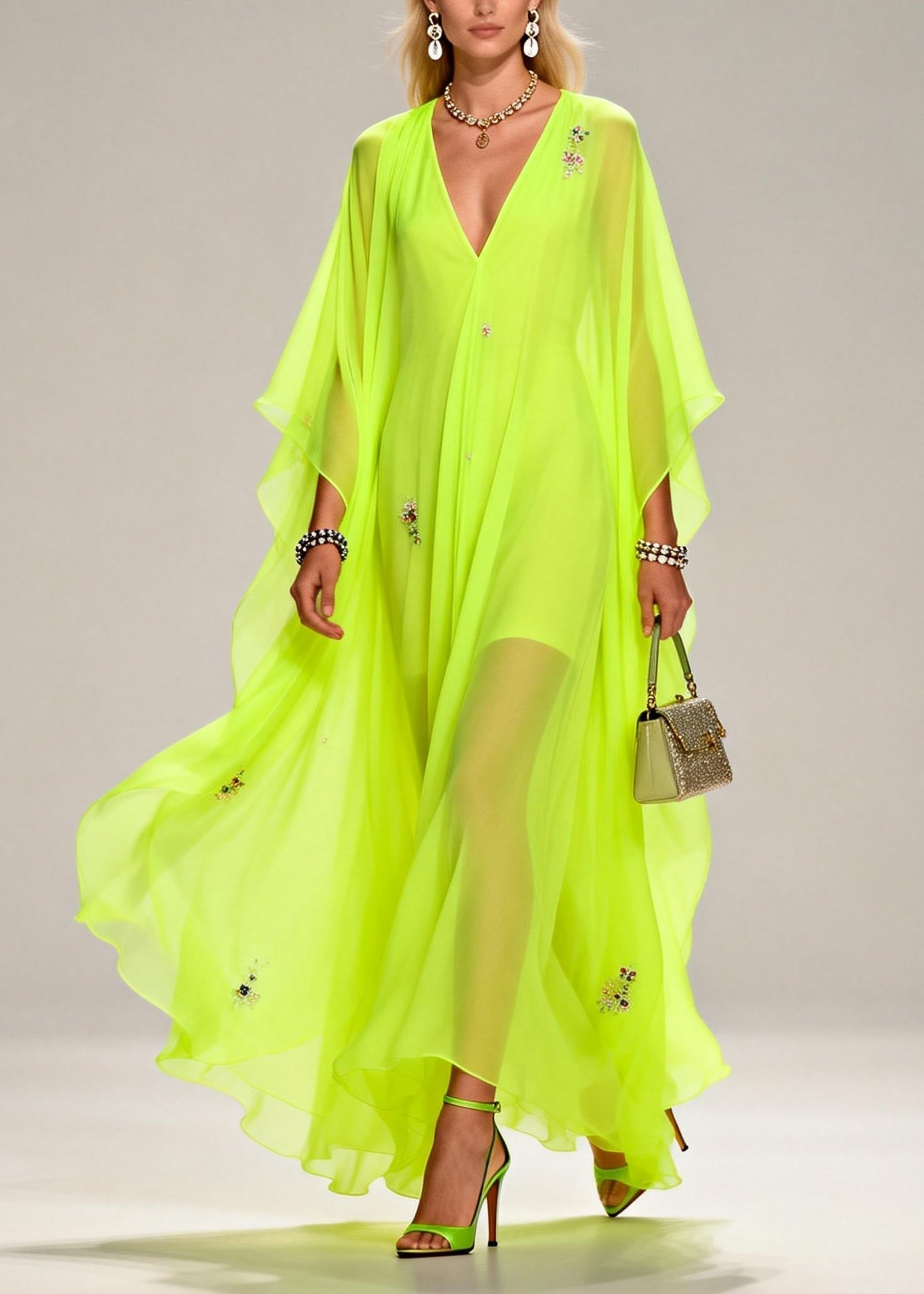 Sequin Floral Scatter Deep V-Neck Cape Sleeve Sheer Kaftan Maxi Gown