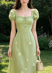 Handmade Green Square Collar Tie Lace Embroidered Floral Long Dresses Puff Sleeve 2