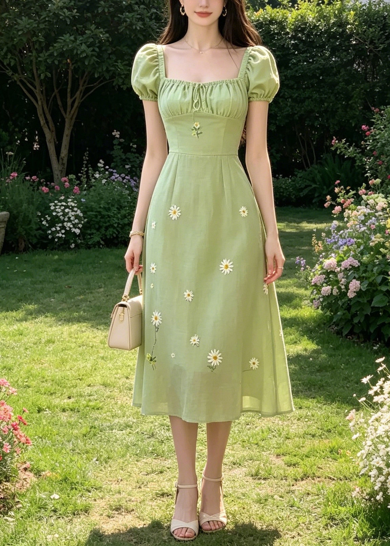 Handmade Green Square Collar Tie Lace Embroidered Floral Long Dresses Puff Sleeve 3