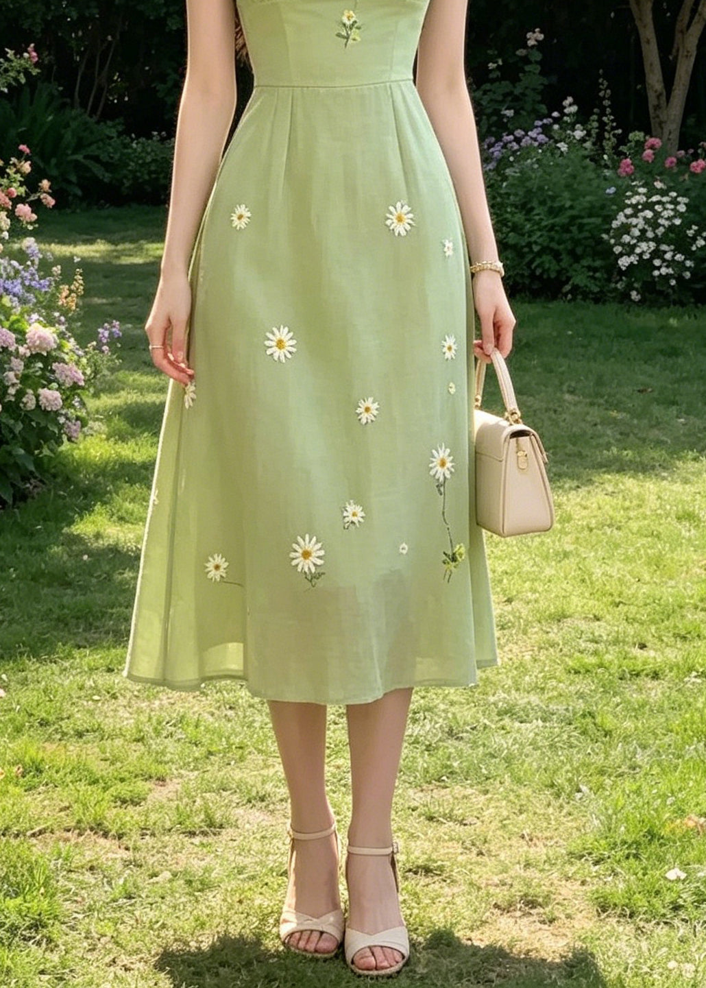 Handmade Green Square Collar Tie Lace Embroidered Floral Long Dresses Puff Sleeve 4