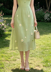Handmade Green Square Collar Tie Lace Embroidered Floral Long Dresses Puff Sleeve 4
