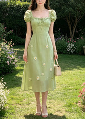 Handmade Green Square Collar Tie Lace Embroidered Floral Long Dresses Puff Sleeve 5