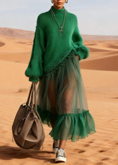 Handmade Green Tulle Maxi Dresses Ruffled Knitted Cotton Patchwork Lanter Sleeve