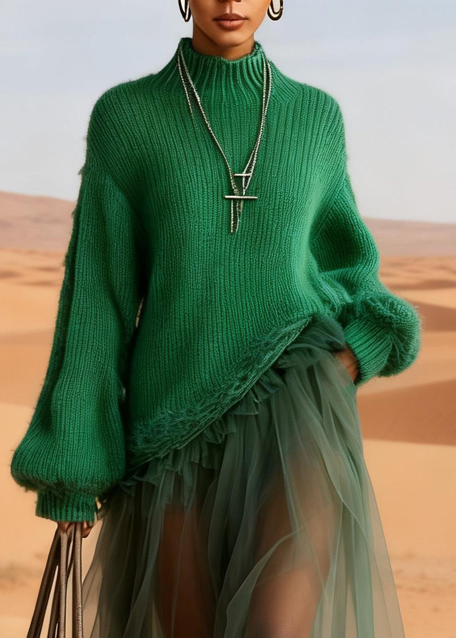 Handmade Green Tulle Maxi Dresses Ruffled Knitted Cotton Patchwork Lanter Sleeve 2