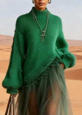 Handmade Green Tulle Maxi Dresses Ruffled Knitted Cotton Patchwork Lanter Sleeve 2