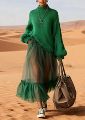 Handmade Green Tulle Maxi Dresses Ruffled Knitted Cotton Patchwork Lanter Sleeve 3