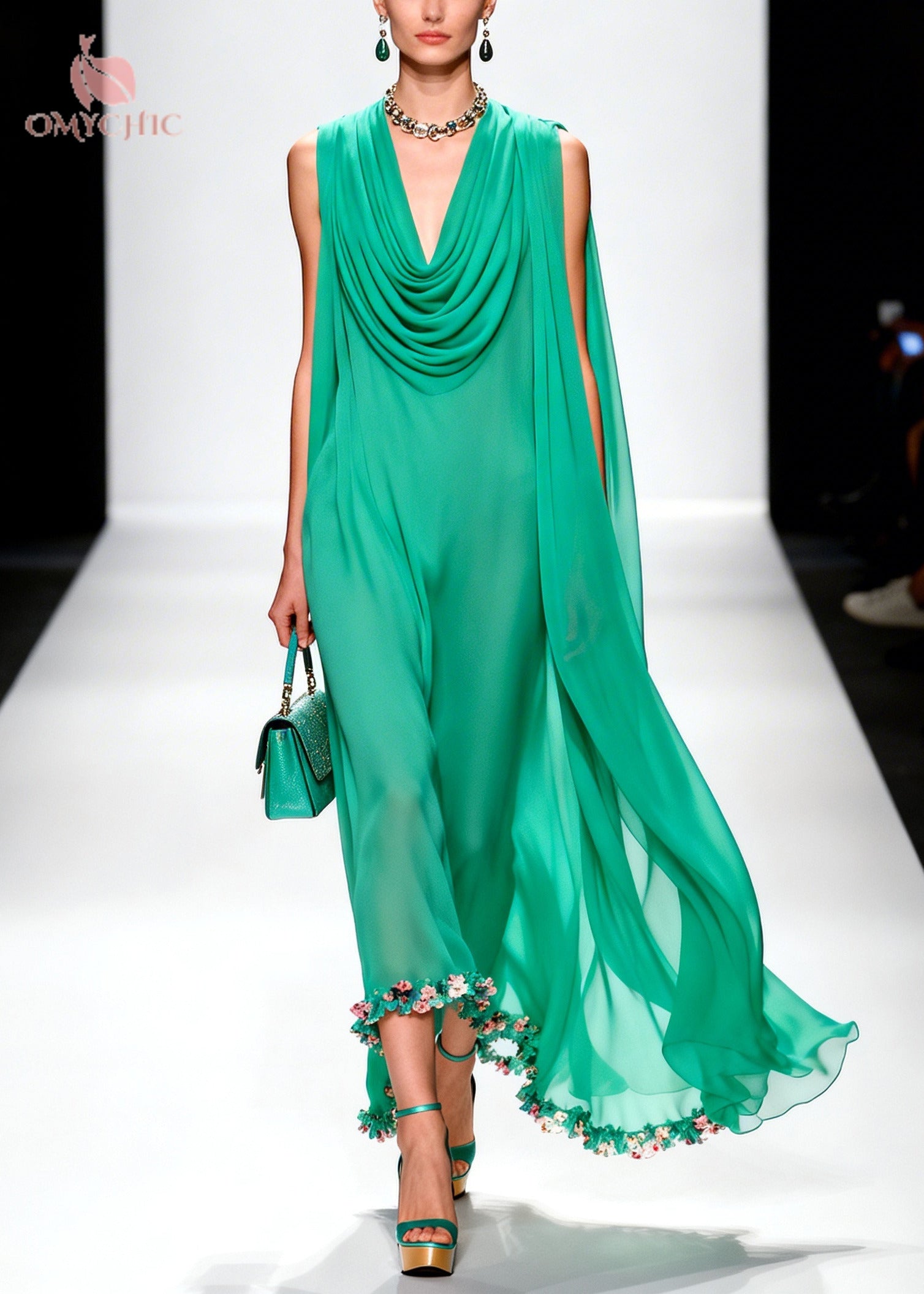 Sleeveless Cowl Neck Cape Detail 3D Floral Hem Maxi Gown