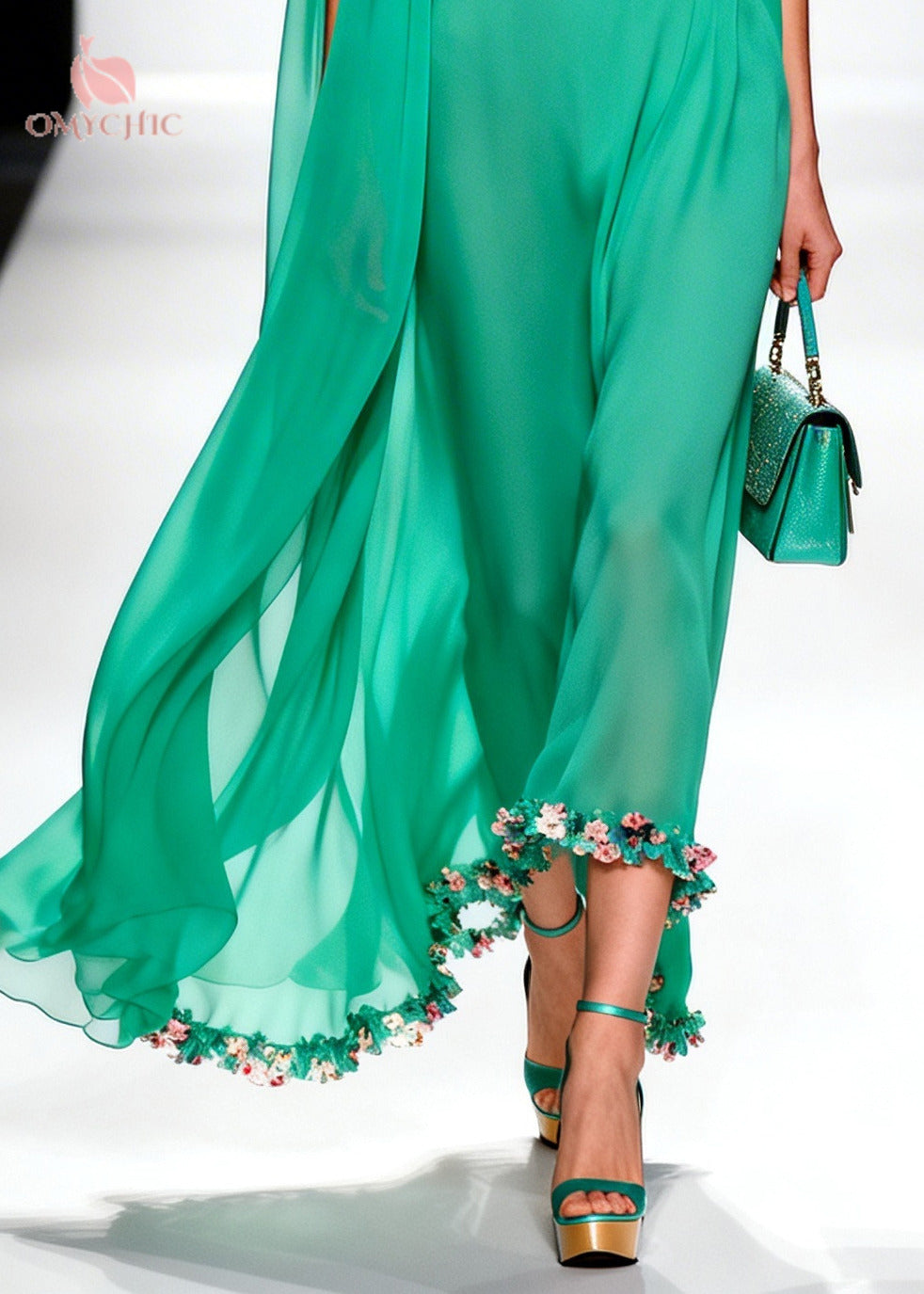 Sleeveless Cowl Neck Cape Detail 3D Floral Hem Maxi Gown
