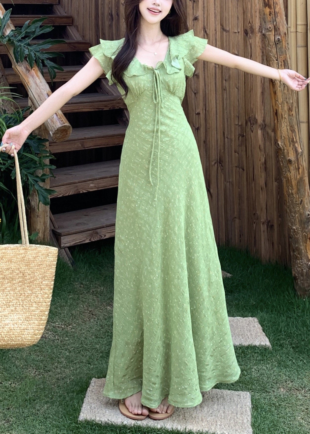 Handmade Green V Neck Tie Lace Print Maxi Dress Short Sleeve