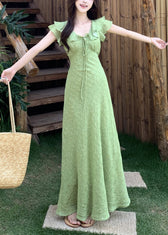Handmade Green V Neck Tie Lace Print Maxi Dress Short Sleeve