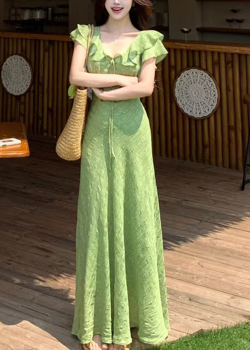 Handmade Green V Neck Tie Lace Print Maxi Dress Short Sleeve 3