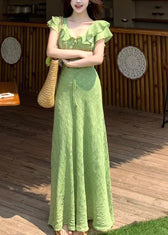 Handmade Green V Neck Tie Lace Print Maxi Dress Short Sleeve 3
