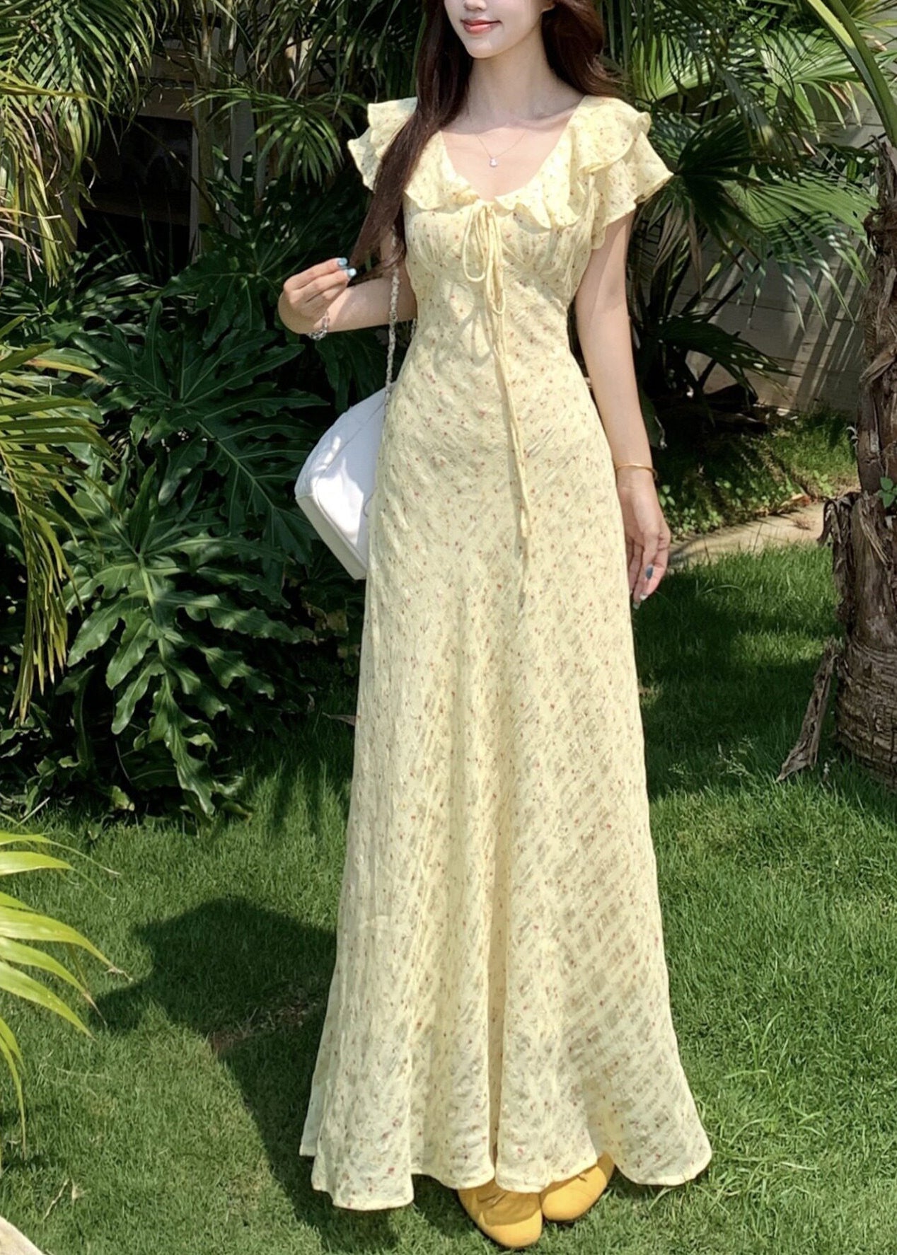 Handmade Green V Neck Tie Lace Print Maxi Dress Short Sleeve 4