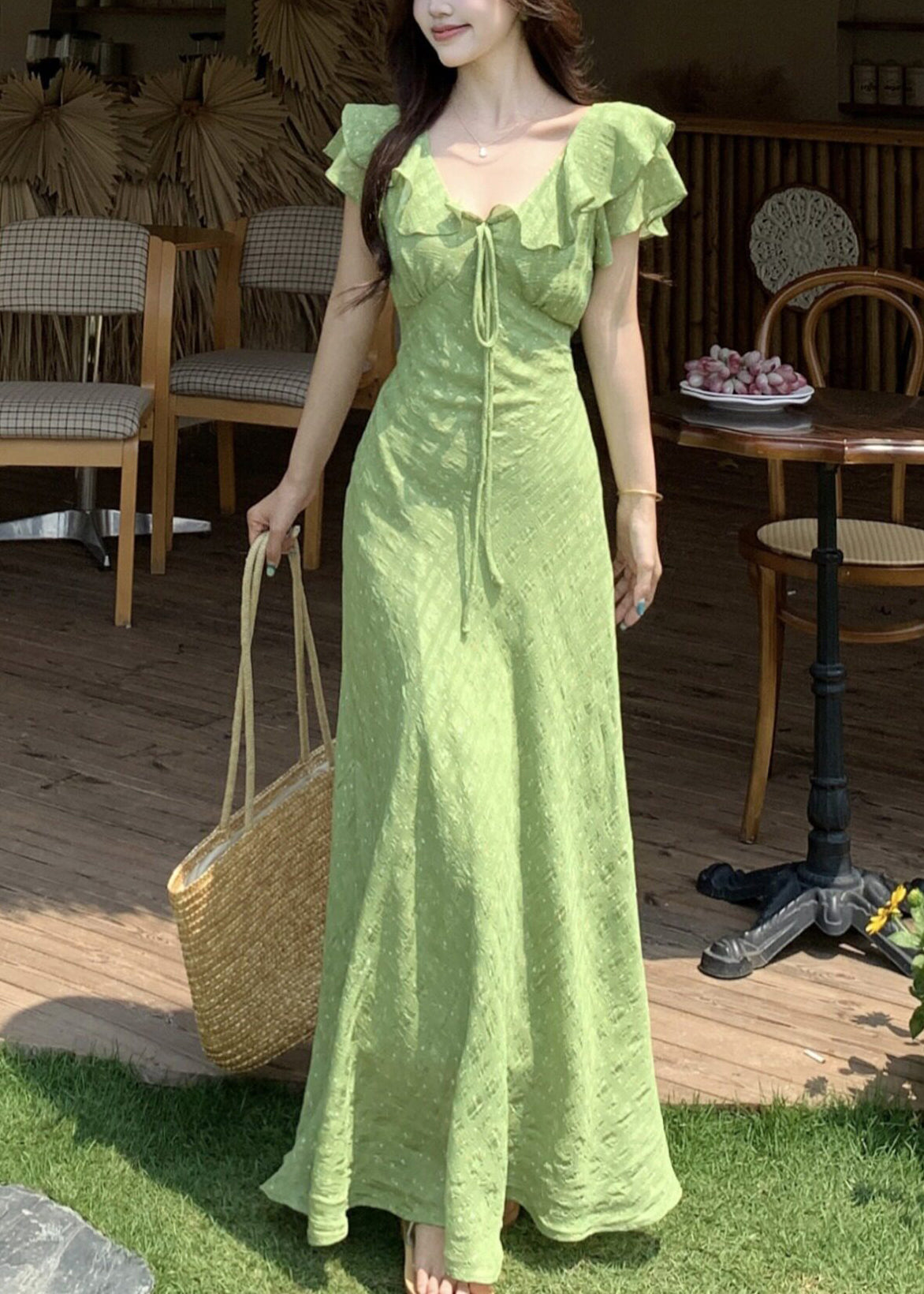 Handmade Green V Neck Tie Lace Print Maxi Dress Short Sleeve 5
