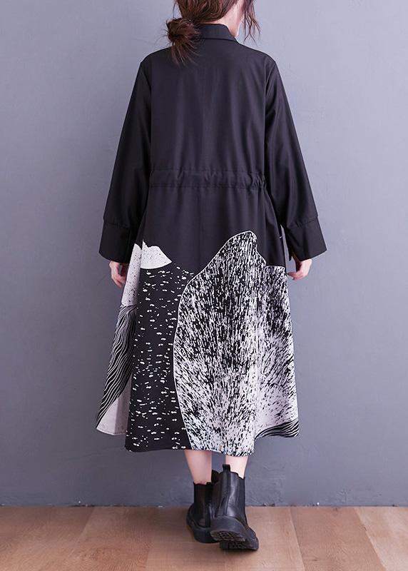 Handmade Lapel Tie Waist Clothes Work Outfits Black Abstract pattern Maxi Dresses