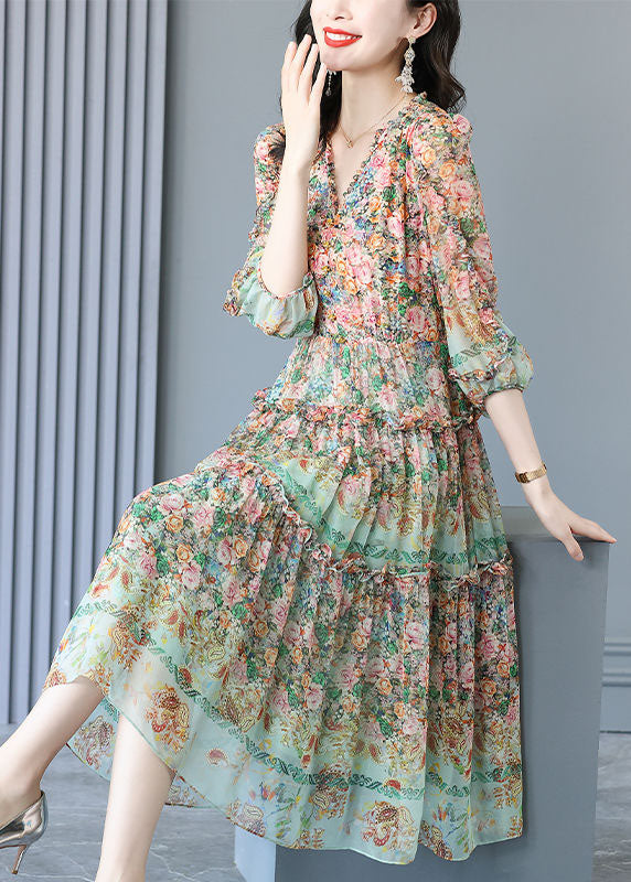 Floral Paisley Print V-Neck Tiered Ruffle Trim Balloon Sleeve Chiffon Midi Dress