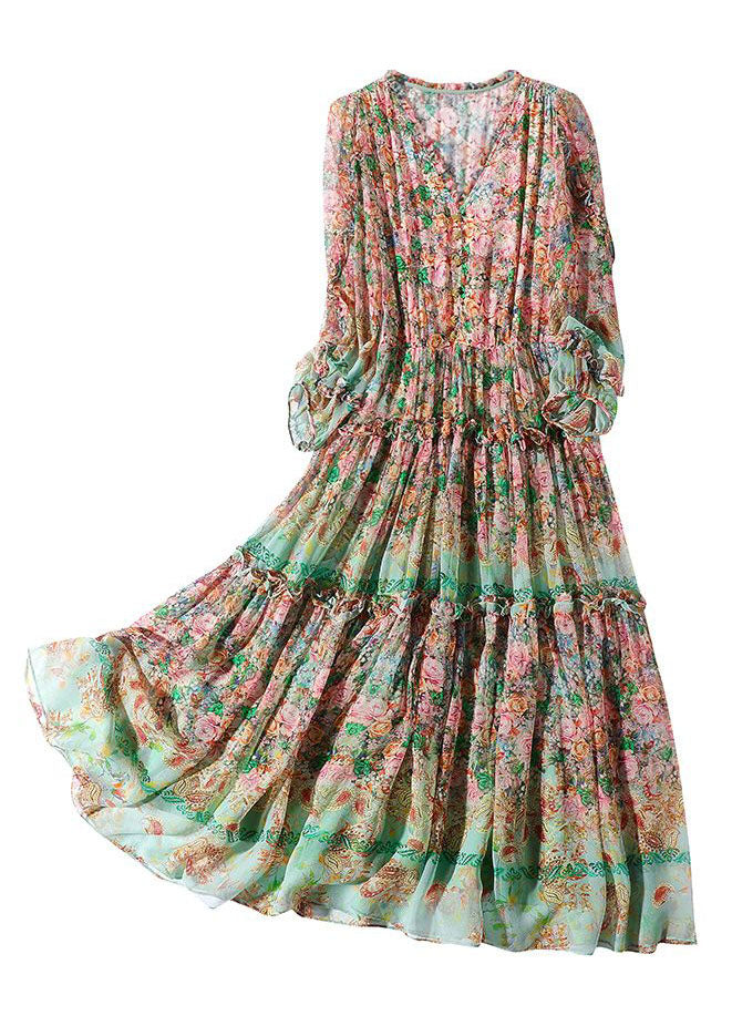 Floral Paisley Print V-Neck Tiered Ruffle Trim Balloon Sleeve Chiffon Midi Dress