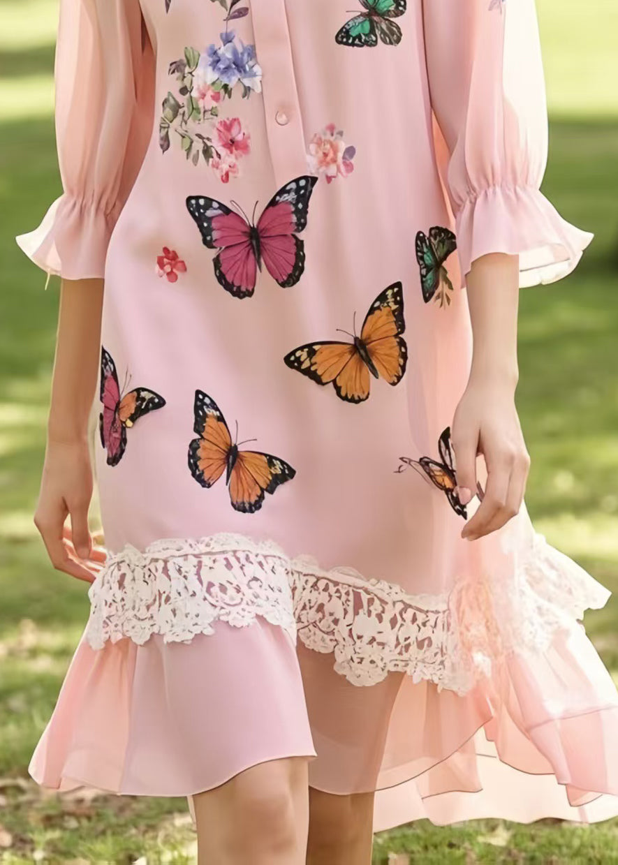 Butterfly Print Collar Button Front Ruffle Sleeve Lace Trim High Low Chiffon Midi Dress