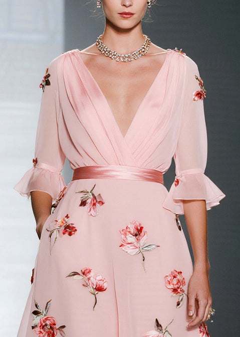 V-Neck Chiffon Floral Bell Sleeve Midi Dress - View 2