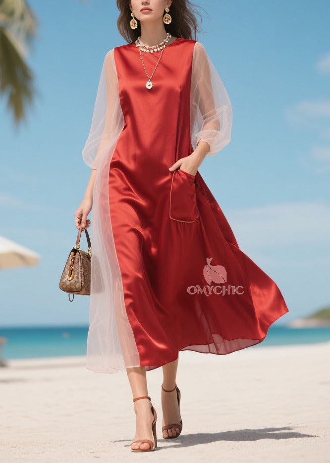 Mesh Lantern Sleeve Round Neck Patch Pocket Satin Midi Dress