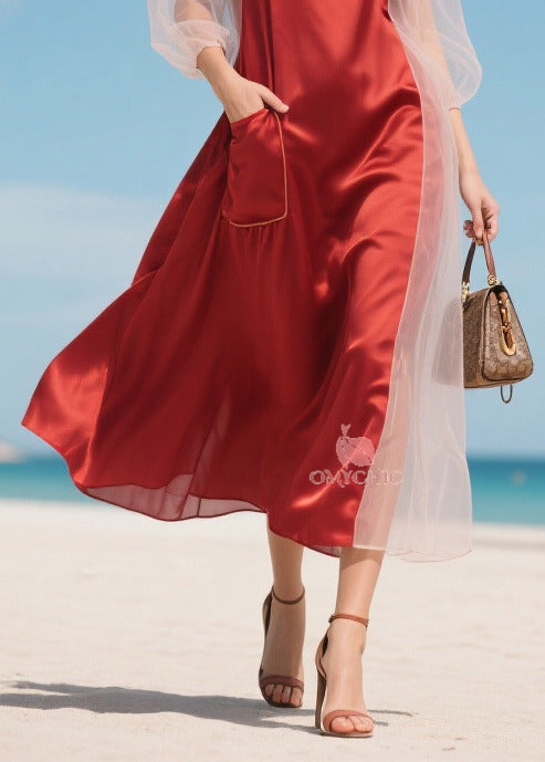 Mesh Lantern Sleeve Round Neck Patch Pocket Satin Midi Dress