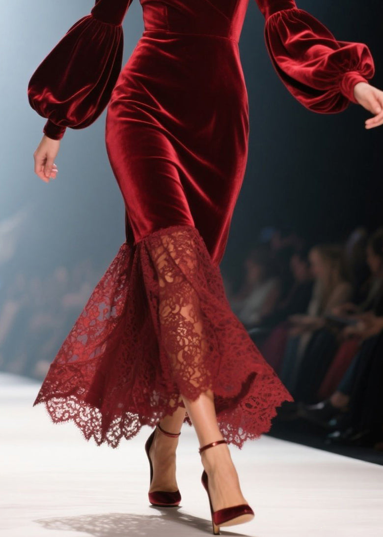 Velvet Lace Trumpet Skirt Wrap V-Neck Lantern Sleeve Midi Dress